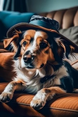 mutt dog lies on the sofa in the room with a hat on his head