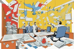 surreal accounting office where ghostly numbers and formulas and currency symbols jump off the desks, surreal art, physical representation of numbers and symbols, primary colors, ink illustration, papers and tickertape flying.