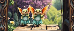 transcendent sacred geometry embroidered patterns, three totally symmetric fluffy angel gremlin slug nice cheerleader singing on old wooden carved bridge in garden , full body portrait T-pose strong aura, oil painting and air brush, in swing