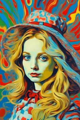 psychedelic painting of a portrait of alice in wonderland van gogh and andy warhol infusion.
