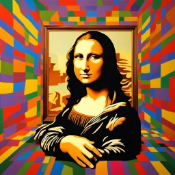 A conceptual painting that explores the idea of art coming to life. The Mona Lisa, with a serene expression, hangs on the wall of a gallery. The fluid from her painted eyes starts to flow down, creating a trail that gradually transforms from monochrome to a kaleidoscope of vibrant colors. The floor of the gallery is covered in this flowing color, creating a stunning contrast to the minimalist design of the room. The overall atmosphere is surreal and thought-provoking, inviting viewers to questio