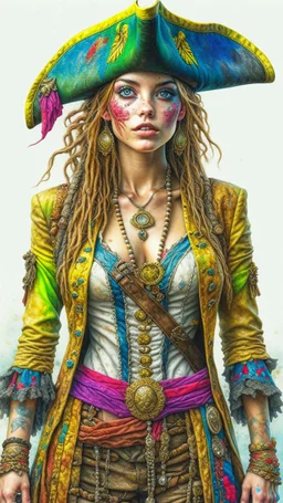 full-body beautiful woman, caribbean pirate suit, watercolor painting, perfect statuary body elegant facial features perfect eyes flawless eyes perfect hands, insanely detailed digital illustration by Carne Griffiths, 8k resolution concept art, a masterpiece trending on artstation Unreal Engine 5, deep color daz 3d render