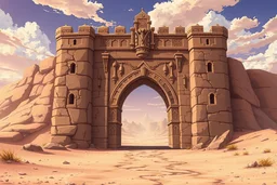 Desert gate of the forgotten desert in medieval times, in anime style