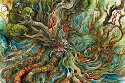 Intricate watercolor and ink rendition of a gnarled Art Nouveau Forest inspired by the art of Kiki Smith, Glenn Murcutt, Charles Rennie Mackintosh, Jamie Heiden, Henry Moret, Scott Naismith, Pierre Bonnard, Charles Maurice Detmold, William Timlin, Paolo Roversi, Malcolm Teasdale, mixed media elements, 3D modeling, award-winning composition, ultra detailed, high definition quality, breathtaking surreal masterpiece