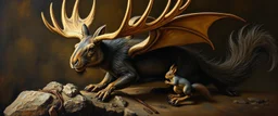 master oil painting by Rembrandt, moose squirrel dragon