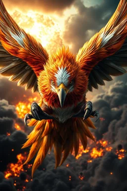 Create a ultra high definition and photorealistic image, 12k quality of a beautiful phoenix, majestic and strength showing, emphasis on texturized claws, upclose with a front view flying towards the camera, centre of an explosive and chaotic background scene of Armageddon where he is followed by demon like dark clouds in persuit trying to grab him, phoenix has striking eyes and determined look, majestic wings folded inwards in flight, bright auburn, black, white, grey and yellow colours, gothic