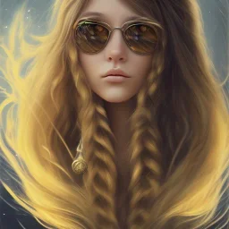 Girl with long wavy brown blond hair, yellow hawk eyes. Wears Hogwarts Hufflepuff uniform and sunglasses with a yellow clip.