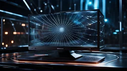 Ultra-realistic sci-fi computer monitor made of experimental touch-screen glass and a dazzling 3D fiber optic spider web, sitting on a futuristic desk, at night, dimly lit cinematic background.