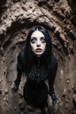 Closeup tall Girl goth with big eyes, huge for a rat, inside claustrophobic, ragged clothes, fullbody, the perspective looking up from the bottom of an empty well , 8k,macro photography,