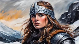 winter, acrylic illustration, acrylic paint, oily sketch, a portrait of a fierce Viking shieldmaiden, embodying bravery and resilience in a rugged landscape