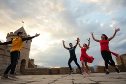 a group of Turkish young men an women in sport clothing is dancing in Babak Castle in Iran west north ,cloudy sun set sky