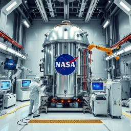 Fotografia di un cantiere NASA ultramoderno, con pareti sterili e luci intense, pieno di macchinari avanzati e bracci robotici. Tecnici in tute pressurizzate lavorano su un mastidontico modulo metallico, destinato a viaggi spaziali, testando materiali e sistemi vitali. Monitor futuristici mostrano dati critici, mentre stampanti 3D producono parti personalizzate per missioni interstellari.