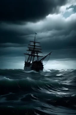 wide shot of a pirate ship in the middle of the sea, storm, ocean storm, high waves, angry sea waves, cloudy sky, deep ocean waves, fantasy style, dynamic, movement, high quality, 8k, cinematic lighting, windy ocean