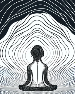 Coloring page: Minimalist line drawing of a meditating figure surrounded by energy waves, cosmic background, black and white, 3:4 aspect ratio, art, minimalism, line drawing, cosmic, narrow depth of field