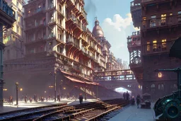 Close Train head+Elevated Train pass+trains+ corner building on sea+riomaggiore+genoa street+turin+Italian medieval town+Italian city+alphonse mucha, greg rutkowski,matte painting, cryengine, hyper detailed, felix kelly, fantasy art, seb mckinnon