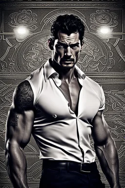 David Gandy Very muscular man short cropped hair and rough beard, tribal tattoos wearing white button up shirt, realistic face, close-up, dark fantasy, interrogation room, intricate details, hyper detailed