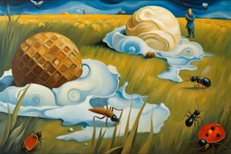 painting from lies down in the grass a Fallen Ice-cream, the dropped ice cream melting, ants crawling on ice cream , whimschical, detalied painting by Van Gogh and dali, high detailed, sharp focuses, masterpiece