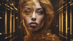 Creature, Mixed Media, Collage, Surreal Futuristic Portrait, Volumetric Lighting, Golden Fragments, Glitter, Glow, Serene and Mysterious Aura, Surrealism, Impasto, Textured, 3D, 8K, Best Quality, Fine Art, High Detail, Hyperrealism, High Resolution, High Definition, Layered, Hyperfocus,