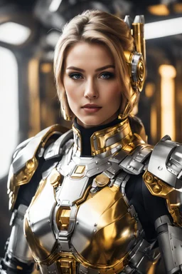 Excellent photography,mechines,realistic photo digital woman,half body,abstracs armored silver chromecast golden colors shine.style: details digital photography, spaceship interior background