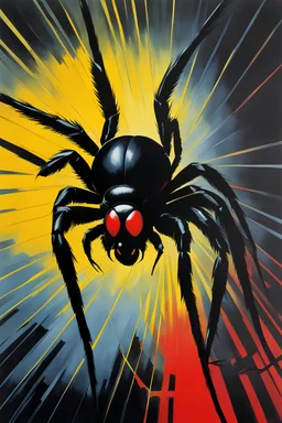(((Giant Black widow spider))) sliding on a web. Misty black, red to yellow, Italian Giallo movie thriller poster. Dark mood, Oil painting- Saul Bass ((70's horror poster)), synthwave, Photo realistic.
