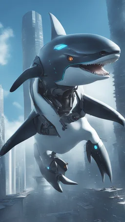 a picture of cyber shark that is flying in the city, cyborg whale, anno 2070, modern mecha anime, aeromorph, stunning sci-fi concept art, male robotic anthro orca, robotic anthro dolphin, cgsociety ), mecha anthropomorphic penguin, from arknights, cool mecha style, futuristic art style, mecha art