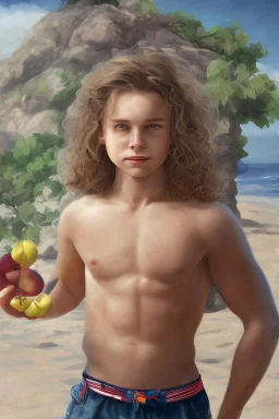 full body image of a beautiful 12 year old boy with long, blonde curly hair and light blue eyes, smiling, holding an apple in his right hand, shirtless, in front of a distant beach