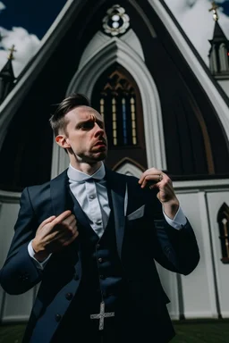 man dressed in church dress clothes ripping open his dress shirt in front of a church