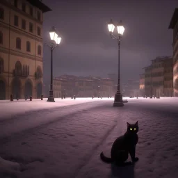 A very dark square in Florence in a stormy night. A cathedral dome in the background. Snow is covering the pavement. A black cat sitting under a streetlight. Unreal Engine. HDR. 8K.