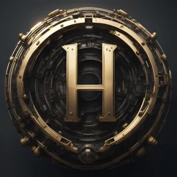 create me a large letter H encased in a thin round, ornate golden ring. mechanical futuristic space cyberpunk style. extra electrical and pneumatic details, robot arms, laserguns. think dyson sphere, warp core, plasma couplings. background should be #000000 full black.