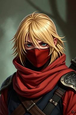 male ninja 18 years old with shoulder length blonde hair wearing ninja armor