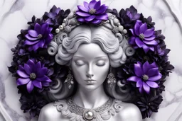 A silver-haired statuesque woman with black-purple silk flowers blooming around her head like a halo. She black to be carved from a block of marble, showcasing an intricate and flawless design. Her enchanting shiny gaze and the delicate flowers, plants decorations surrounding her make this piece a perfect representation of artistry , mystic fantasy and elegance.