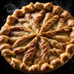 dramatic side shot of steaming apple pie just out of the oven, black background, artistic crust cross-hatch pattern, Kinetic, professionally shot on dslr 64 megapixels sharp focus for advertising campaign, Professional photography, bokeh, dramatic spotlight