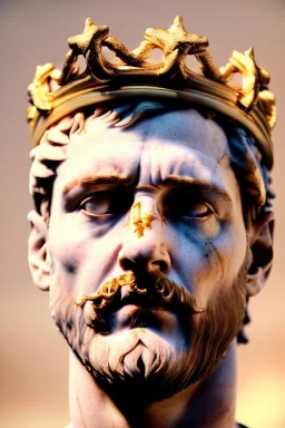 Realistic image, Roman sculpture made in white marble with gold veins, Lionel messi with gold laurel leaves crown, decorative star on the chest, waist up portrait,marble material, gold ornaments, Renaissance style, sun rays background, epic, celestial, cinematic lighting, God lights, 4k resolution, smooth details, soft lighting, unreal engine 5, art station, substance 3d.