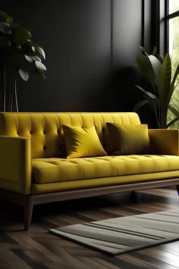 gauč žltej farby s drevenými tmavými detailmi