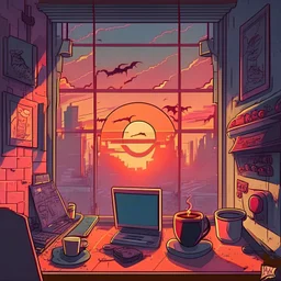 vampire city morning sunrise window coffee using a laptop computer in a game room in a house cartoon style