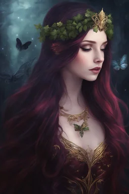 Burgundy hair, dark hair,dark red , rapunzel hair,very long hair,dark fairy princess,elven crown,night,dragonflies,beautiful,ong ashes,golden armor ,sparkle,night blooming,ivy,dark green,lilly of valley,golden elven crown