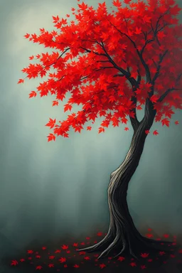 A Painting Of Tree With Red Leaves The Has Melancholic And Nostalgic Mood