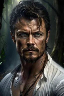 Portait Josh Duhamel as fantasy alpha male very muscular short cropped hair and rough beard, tribal tattoos wearing white button up shirt with rolled up sleeves realistic face, close-up, dark fantasy, fantasy forest, intricate details, hyper detailed, photograph