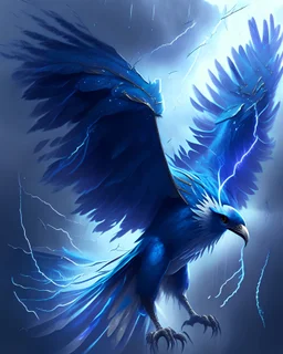 A majestic thunderbird with electric blue feathers and a wingspan that spans the sky, capable of summoning lightning and storms with a flap of its wings.