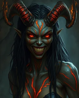 A female eldritch horror being, skin like obsidian with streaks of magma shining through, coal-black hair, rows of sharp white teeth, long flaming horns, greg rutkowski, intricate details, cave setting