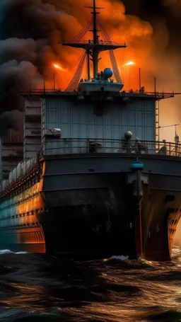 ,surrealism of the dark of a nightmare , hyper photorealistic, hyper detailed dark art color, high resolution, fog, octane render, tilt shift, HDRI Environment, all pictures dark gray, a submarine on fire