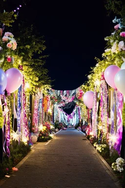 a beautiful night street decorated with lights , balloons, ribbons, flowers, glittery items