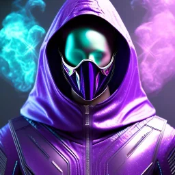 purple galaxy masked hooded super villain, futuristic, teal and purple smoke, full portrait, hyper realistic, 4k