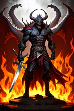 dark dreadful swordsman humanoid demon monster beast, hell in background