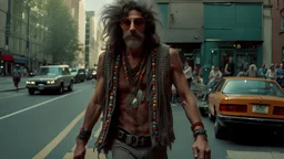 rockero con melena con canas vestido con ropa hippie caminando por una ciudad
