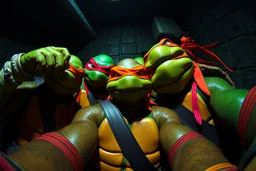 Super realistic 9:16 3D vertical format fisheye selfie with me with Teenage Mutant Ninja Turtles. They appear like in 1990 original movies. We look so cool. Laid in a dim little room, like in a sewer. High camera angle. Extreme fisheye distortion. Realistic cinematic lighting, characters integrated with stylish realism. Make them very realistic and in 3D