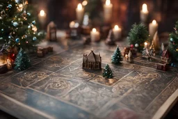 Photoreal view of a magnificent dungeons and dragons board game in christmas style with a christmas tree with intricate details by lee jeffries, in the style of fantasy movies, photorealistic, shot on Hasselblad h6d-400c, zeiss prime lens, bokeh like f/0.8, tilt-shift lens 8k, high detail, smooth render, unreal engine 5, cinema 4d, HDR, dust effect, vivid colors