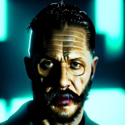 Actor, tom hardy, replicant man, blade runner style, rain, fog, neon ambient, gradient color, clean skin, circuits, latex coat, cyber punk, neon, tubes, portrait, studio photo, unreal engine 5, smooth color, 16 bit, god lights, ray tracing, RTX, lumen lighting, ultra deatail, volumetric lighting, 3d, finely drawn, hd.