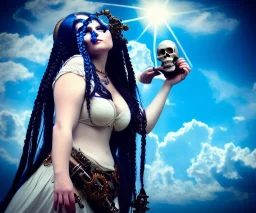 Very sensual gorgeous curvy young white woman brunette hair maiden dressed in blue posing sensually with plaits, and with a skull in her hand, background of ancient marble Roman arcs heavenly sunshine beams divine bright soft focus holy in the clouds steampunk engine steampunk engine.