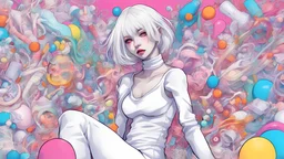 create a woman with white hair wearing tight white clothes, full body , sitting, and lots of objects around her art, anime art, anime girl, person, colorful anime art, person, in the style of distorted and grotesque, contemporary candy-coated, clownpunk, skeletal, smilecore, bombacore, digital neo-expressionism, sakimi chan, --ar 14:25